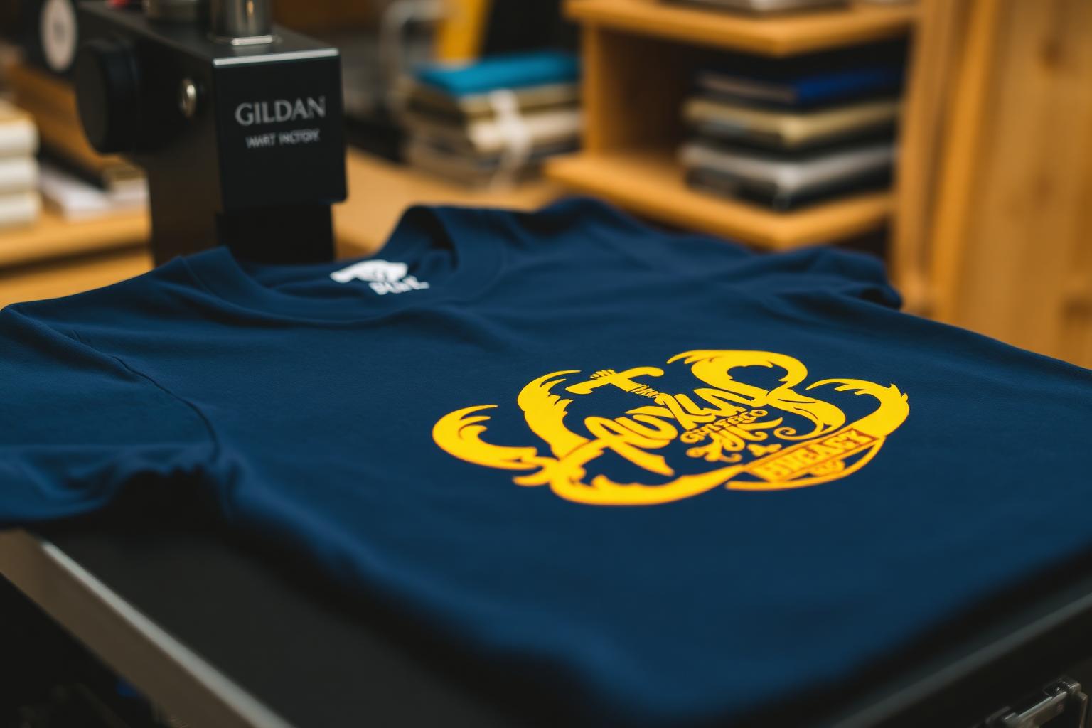 A navy t-shirt being printed with a DTF transfer — vivid color, soft feel, built to last
