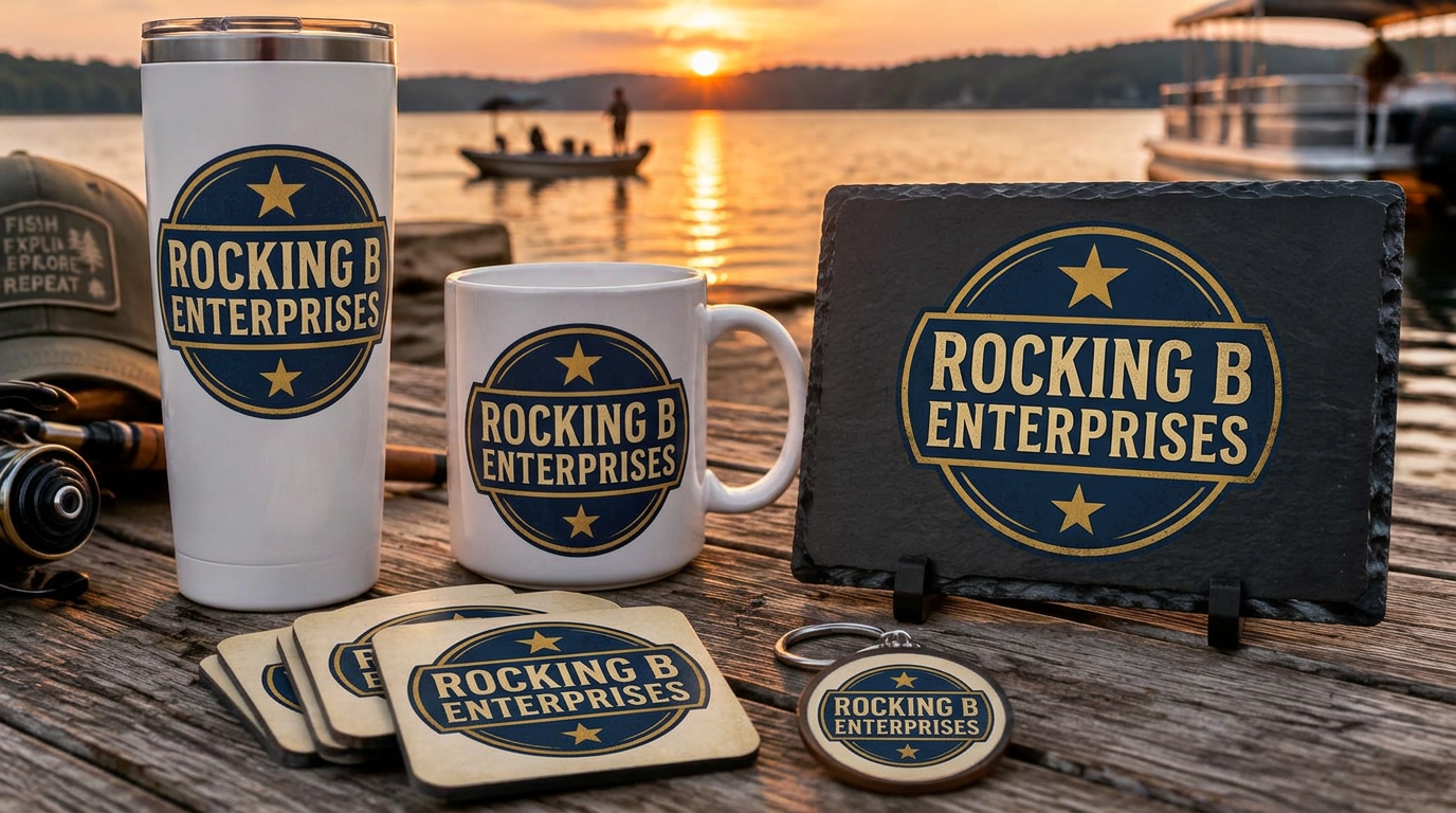 Rocking B Enterprises tumbler, mug, slate, coasters and keychain